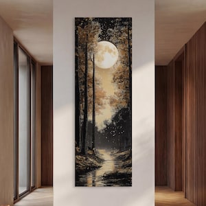 May include: Vertical canvas art print depicting a moonlit forest scene. The artwork features a large, bright moon illuminating a path through the trees and a reflective stream. The color palette includes shades of brown, black, and gold.