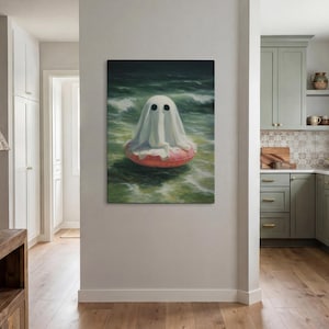Summerween Ghost in a Pink Pool Float Print on Canvas or Premium Archival Paper, Dark Academia Moody Wall Art, Vintage Gothic Oil Painting