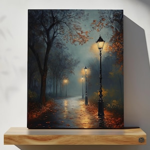 Evening Lights in Autumn Print on Canvas or Premium Archival Paper, Vintage Park in Fall Moody Wall Art, Oil Lamp Post Landscape Painting