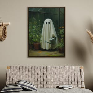 Gardening Sheet Ghost in a Pink Pool Float Print on Canvas or Premium Archival Paper, Dark Academia Moody Wall Art, Vintage Gothic Oil PRINT