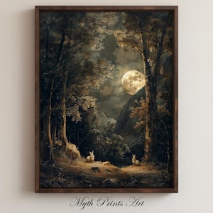 Moonlight Forest Bunnies Digital Print | Rustic Moody Painting Wall Art ...