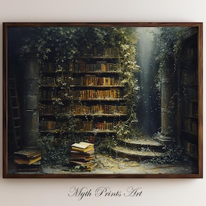 Könnte beinhalten: Ein Bücherregal im Vintage-Stil, gefüllt mit Büchern, ist mit Ranken und Grün überwachsen. Das Bücherregal befindet sich in einem Steingewölbe mit einer Leiter und einem Lichtstrahl, der durch das Laub scheint.