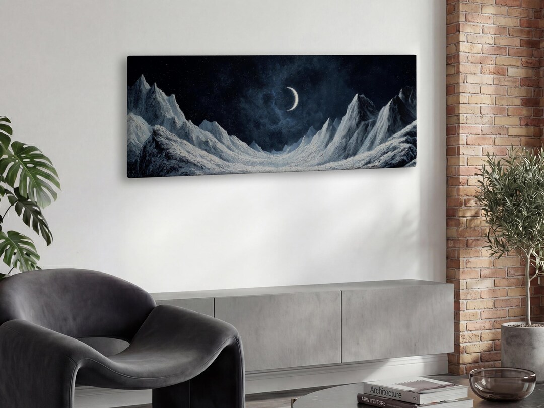 Crescent Moon and Snowy Mountains Panoramic Landscape Print on Canvas ...