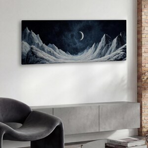 Crescent Moon and Snowy Mountains Panoramic Landscape Print on Canvas, Moody Oil Painting PRINT, Moonlit Scenery Wide Wall Art