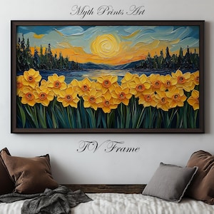 May include: A painting depicting a sunset over a lake, with a forest in the background. The foreground features a field of yellow daffodils.