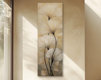 May include: Vertical canvas art featuring a floral design with white, fan-shaped flowers and black stems against a beige background. The artwork has a textured appearance, with the flowers appearing to be raised from the canvas.