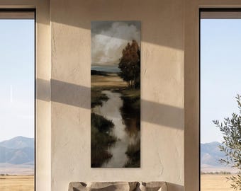 Moody Marsh Scenery Canvas Print: Brown Colors Narrow Tall Nature Large Wall Art