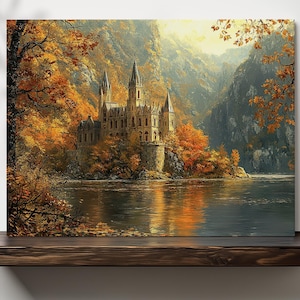 Impresión de un castillo gótico en otoño sobre lienzo o papel de archivo premium, pintura al óleo de bosque, arte mural medieval vintage, paisaje natural de lago
