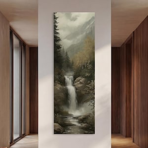 Waterfall and Mountain Narrow Tall  Landscape Print on Canvas, Rustic Oil Painting, Long Narrow Wall Art, Forest Nature Home Decor