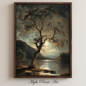 Moonlight Lake Tree Vintage Art Print: Atmospheric Landscape (Digital Download)