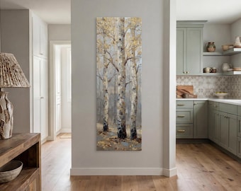 Abstract Birch Trees Narrow Tall Print on Canvas, Moody Nature Framed Wall Art,  Gold and Gray Colors Long Narrow Painting