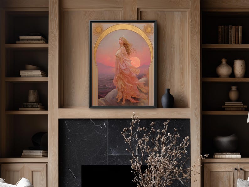 Eos Goddess of the Dawn PRINT on Canvas or Premium Archival Paper, Art Nouveau Wall Art, Pastel Colors Painting, Divine Feminine Black Frame Canvas