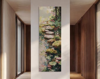 Pond and Flowers Narrow Tall Nature Scenery Print on Canvas, Summer Landscape Oil Painting Print, Long Narrow Water Lilies Art