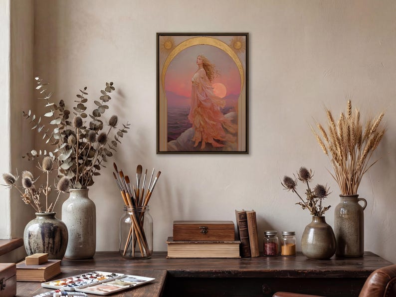 Eos Goddess of the Dawn PRINT on Canvas or Premium Archival Paper, Art Nouveau Wall Art, Pastel Colors Painting, Divine Feminine EspressoFrame Canvas