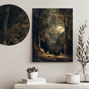 Moonlight Forest Bunnies Digital Print | Rustic Moody Painting Wall Art ...