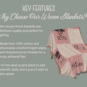May include: Woven throw blanket with a pink and beige checkered pattern. The blanket features black text and fringe edges. The text includes "RN", "2020", and "Olivia". The blanket is draped over a chair.