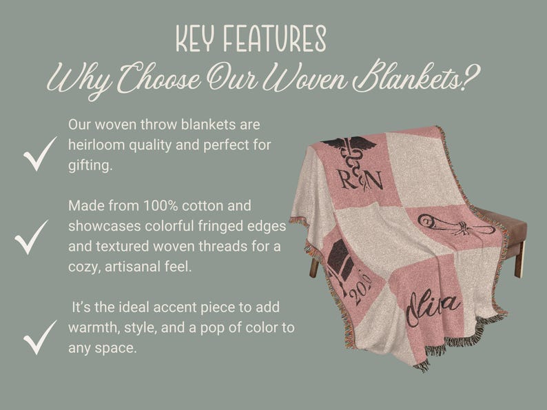 May include: Woven throw blanket with a pink and beige checkered pattern. The blanket features black text and fringe edges. The text includes "RN", "2020", and "Olivia". The blanket is draped over a chair.