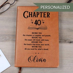 Könnte beinhalten: Ein personalisiertes braunes Lederjournal mit dem Text "KAPITEL 40" und einem Gedicht. Der Name "Olivia" ist unten aufgedruckt. Das Journal ist offen mit einem Lesezeichen.