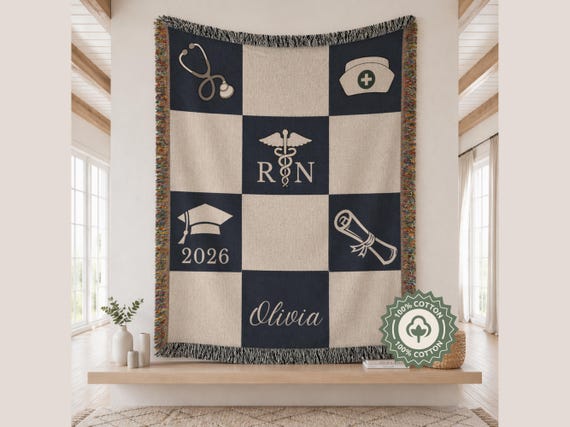 Nurse Graduation Woven Blanket, Personalized RN Graduation Gift Throw, Custom Name & Year, Pinning Ceremony Blanket, New Nurse Keepsake