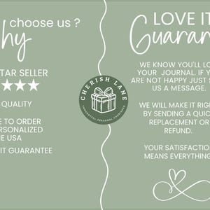 Pu&ograve; includere: Una grafica verde salvia con testo bianco e un logo circolare. Il testo include "Perch&eacute; sceglierci?" e "Garanzia Love It". Evidenzia lo stato di venditore stellato Etsy, l'alta qualit&agrave; e gli articoli su ordinazione.