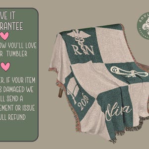 May include: A green and beige woven throw blanket with a personalized design. The blanket features a medical symbol, the letters "RN", a graduation cap, the year "2016", and the name "Oliva". The blanket is draped over a brown bench.
