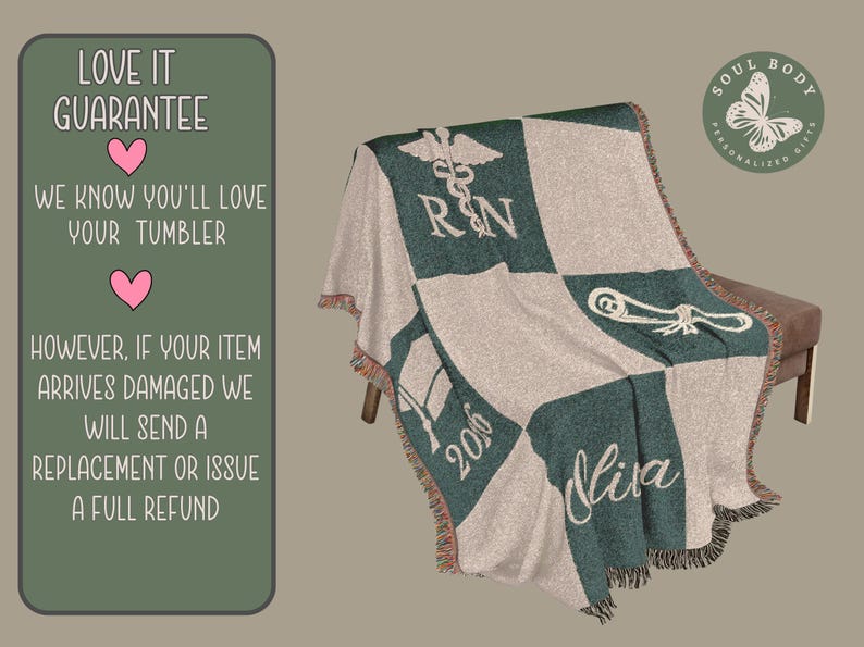 May include: A green and beige woven throw blanket with a personalized design. The blanket features a medical symbol, the letters "RN", a graduation cap, the year "2016", and the name "Oliva". The blanket is draped over a brown bench.