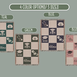 May include: Four woven blankets in teal, green, blue, and blush. Each blanket features a checkerboard pattern with medical symbols, the letters "RN", a graduation cap, a diploma, and the name "Olivia". The blankets come in 3 sizes.