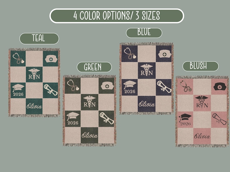 May include: Four woven blankets in teal, green, blue, and blush. Each blanket features a checkerboard pattern with medical symbols, the letters "RN", a graduation cap, a diploma, and the name "Olivia". The blankets come in 3 sizes.