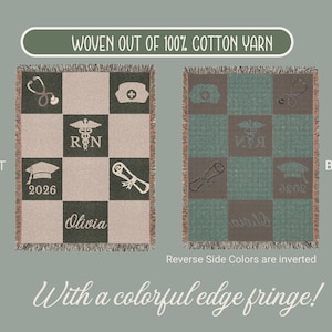 May include: A woven cotton blanket with a checkerboard pattern. The front side features medical symbols, a graduation cap, the year 2026, and the name "Olivia". The back side inverts the colors. It has a colorful edge fringe.