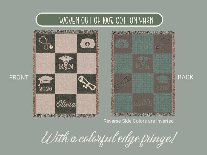 May include: A woven cotton blanket with a checkerboard pattern. The front side features medical symbols, a graduation cap, the year 2026, and the name "Olivia". The back side inverts the colors. It has a colorful edge fringe.