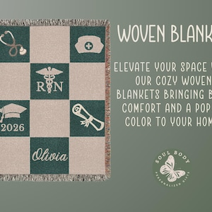 May include: Woven blanket with a checkerboard pattern in green and beige. The blanket features medical symbols, a graduation cap with "2026", and the name "Olivia". The text "WOVEN BLANKET" is displayed.
