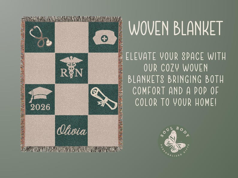 May include: Woven blanket with a checkerboard pattern in green and beige. The blanket features medical symbols, a graduation cap with "2026", and the name "Olivia". The text "WOVEN BLANKET" is displayed.