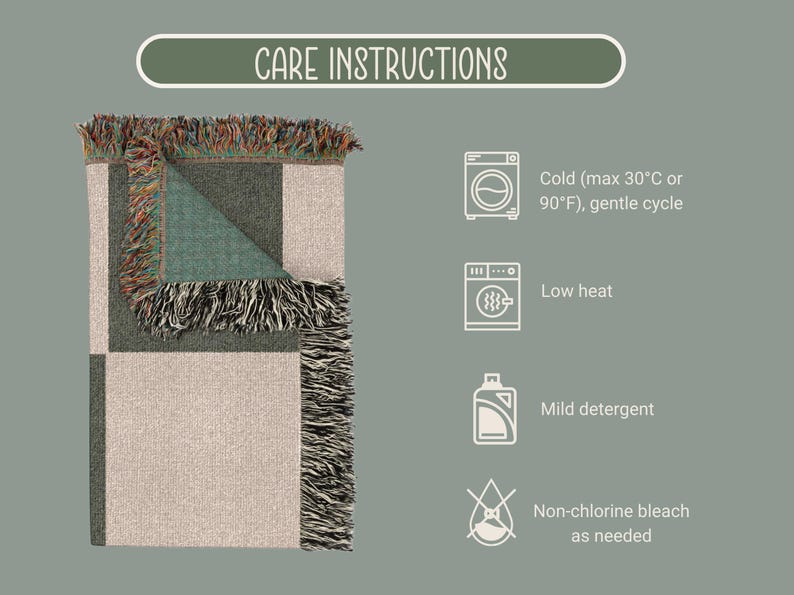 May include: A folded woven blanket with a geometric pattern in beige, green, and gray, with fringed edges. The image includes care instructions: cold wash (max 90&deg;F), low heat, mild detergent, and non-chlorine bleach as needed.