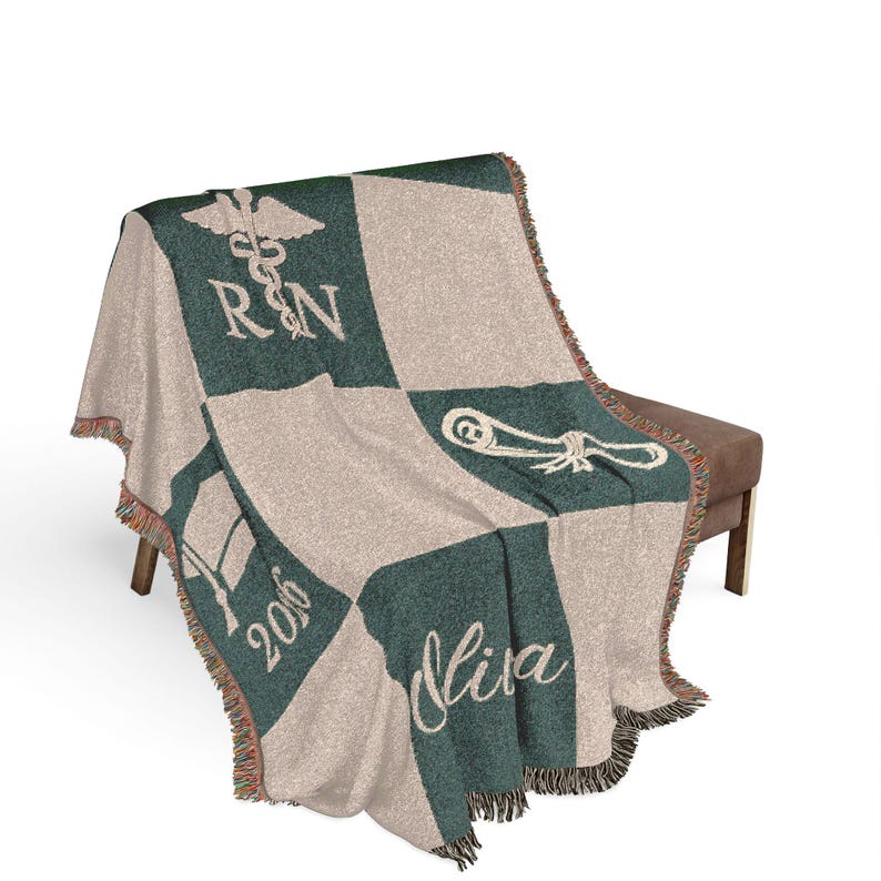 May include: A woven blanket with a green and beige checkered pattern. The blanket features the caduceus symbol, the letters "RN", a graduation cap, the year "2016", and the name "Mira" in white script. The blanket has a fringed edge.