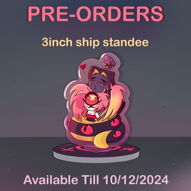 May include: A 3 inch tall acrylic stand-up figure of a pink and yellow snake character hugging a pink character with a single red eye. The characters are in a clear bubble with a red heart and a purple butterfly. The stand is on a black base with a red X. The text "Available Till 10/12/2024" is below the stand.