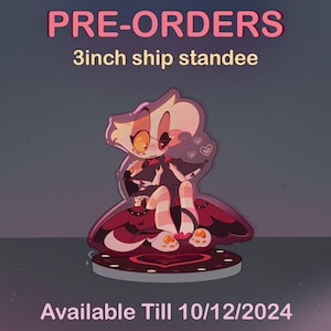 May include: A 3 inch tall character stand of a cartoon character with blonde hair, wearing a red and black dress, sitting on a red heart-shaped base. The character has yellow eyes and a pink blush. The stand is available until 10/12/2024. Pre-orders are available.