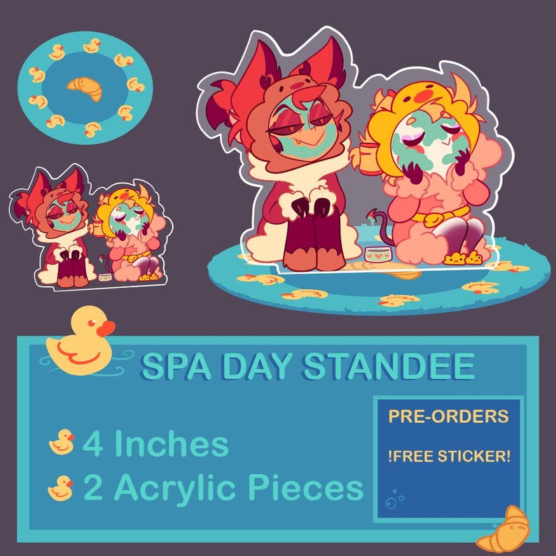 May include: A set of cartoon acrylic standees with a spa day theme. The main image features two characters in a spa setting, with a blue rug and duck and croissant details. The standee is 4 inches and includes 2 acrylic pieces.