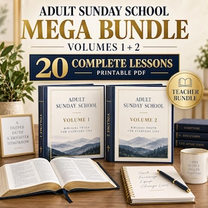 May include: Adult Sunday School Mega Bundle Volumes 1 and 2, featuring 20 complete printable PDF lessons. Includes two binders, an open Bible, a spiral notebook with a pen, a small framed sign, and a mug, all with religious text and imagery.