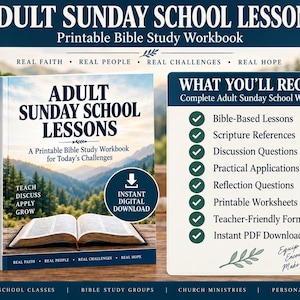 May include: A digital Bible study workbook titled Adult Sunday School Lessons featuring a mountain landscape cover with an open book. A white mug with text Faith Teaches Changes Lives sits nearby. A list details contents like Bible-based lessons.