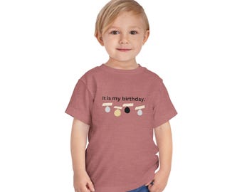 May include: A toddler wearing a dusty rose t-shirt with the phrase "It is my birthday." printed on the front. The graphic includes three abstract shapes in silver, gold, black, and silver. The child is wearing blue jeans.
