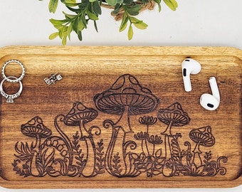 Engraved Mushroom Wooden Valet Tray: Acacia Wood Jewelry Dish