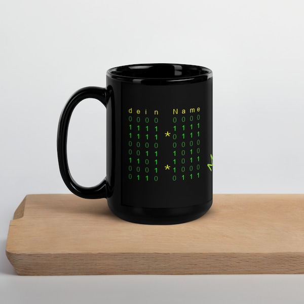 Personalisiere dein Matrix Tasse. Tauche in die Matrix ein mit unserer Binärcode-Tasse! Becher in glänzender Schwarz.