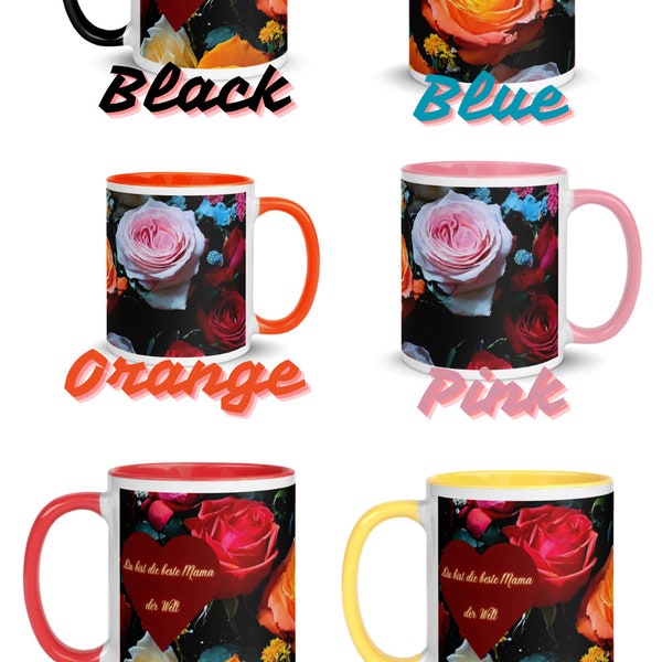 Muttertags Geschenk, Tasse mit Herz und Blumen für die beste Mama der Welt. In 6 verschiedenen Farben, Text auf Englisch.