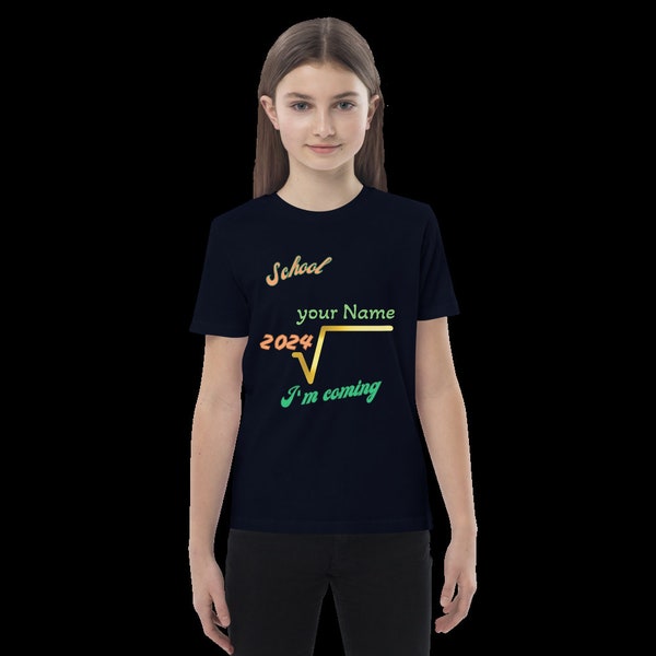 Personalisierte Kinder-T-Shirt mit Text für Schulanfänger aus Bio-Baumwolle. Text in Englisch