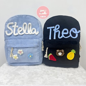 Sac à dos en velours côtelé avec nom personnalisé, cartable personnalisé avec nom pour enfants, cadeau sac à dos préscolaire pour tout-petits, sac à dos livre pour enfants