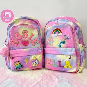 Sac à dos arc-en-ciel personnalisé avec lettre et écusson en chenille, cadeau d'anniversaire pour sac à dos arc-en-ciel nom pour enfants avec licorne, sacs de rentrée