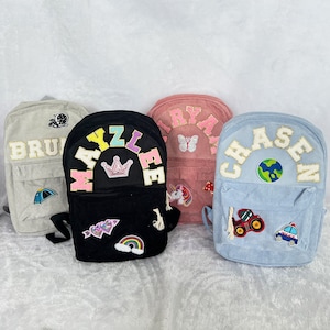 Sac à dos personnalisé en velours côtelé, sac à dos personnalisé avec écusson en chenille, cartable pour enfants, cadeau d'anniversaire pour enfants