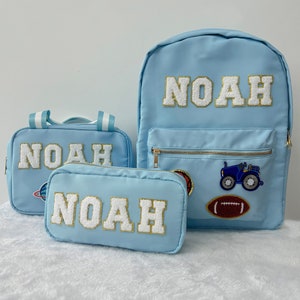 Mochila de nailon con nombre personalizado, bolsa para almuerzo y lápices, bolsa para niños con parche de letras de chenilla, mochila escolar para niños, regalo de cumpleaños para niños