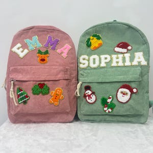 Sac à dos de Noël personnalisé en velours côtelé, sac à dos personnalisé avec écusson, cartable pour enfant, cadeau de Noël