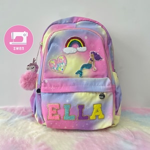 Sac à dos arc-en-ciel personnalisé avec lettre et écusson en chenille, cadeau d'anniversaire pour sac à dos arc-en-ciel nom pour enfants avec licorne, sacs de rentrée